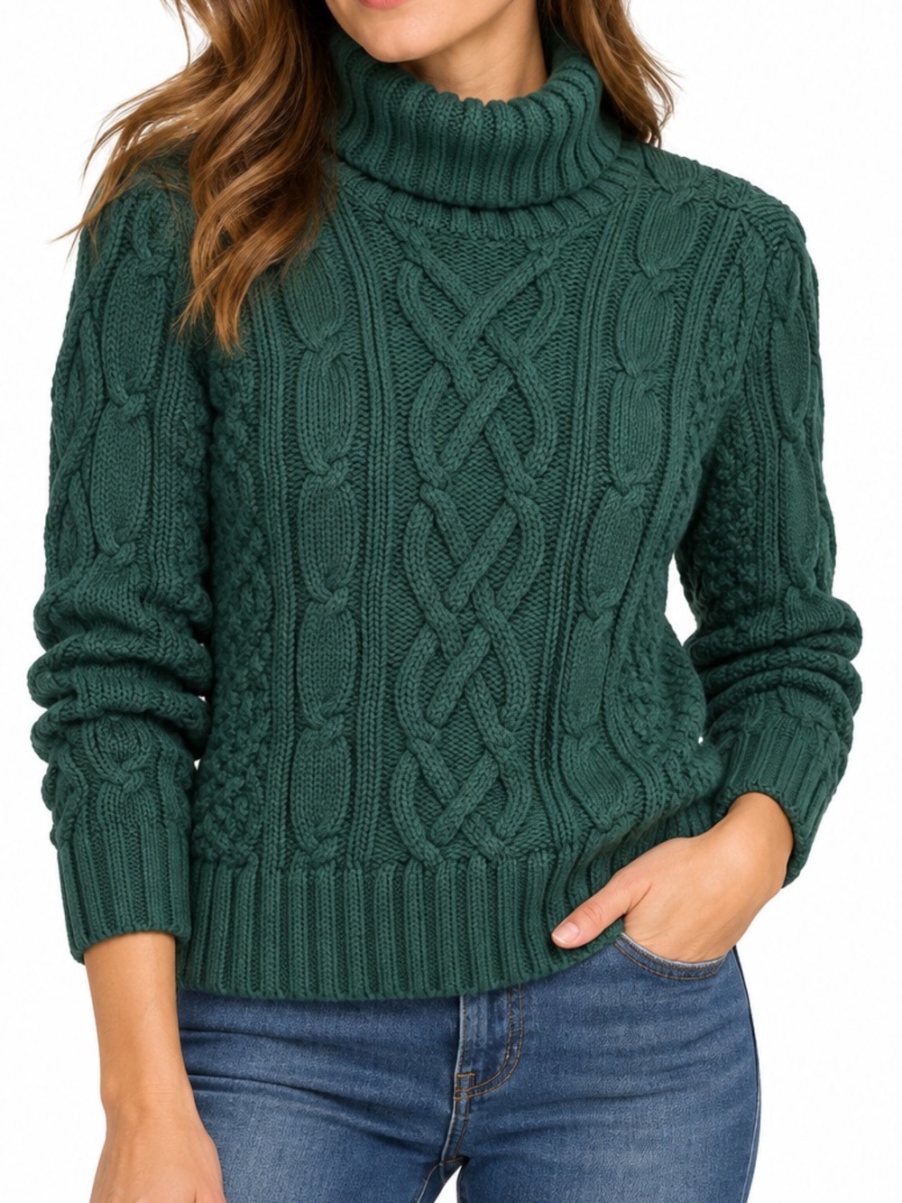 Lands’ End Drifter 100% Cotton Cable Knit Turtleneck Sweater Green M